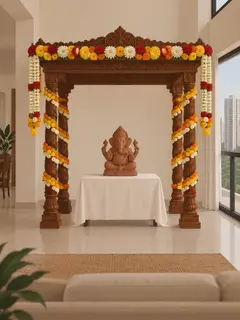An illustration of what ₹50,000 buys for one day: a carved wooden mantap about 8 ft square on four pillars, its pillars and top dressed in fresh marigold, chrysanthemum, rose and jasmine garlands, over a clay Ganesha on a plain table with a white cloth