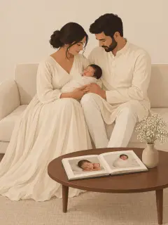 An illustration of a mother in a cream gown and a father in a cream kurta on a sofa holding their sleeping newborn, with a square photo album open on a low table in front