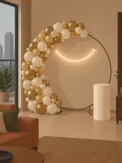 Illustration: a round ring stand against a living-room wall, gold and white balloons over part of it, a warm neon line inside the ring and one cream pedestal