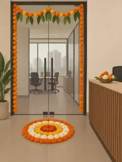 An illustration of an office's glass door dressed for Diwali: a marigold and mango-leaf toran across the top, marigold strings down both sides, a round flower rangoli on the floor and a bowl of flowers on the reception desk