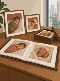 An illustration of a leather-bound album open on newborn photographs, a wooden keepsake box of large prints and two framed newborn portraits on a table