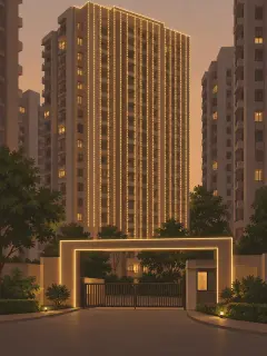 An illustration of an apartment tower at dusk with long vertical strings of warm-white lights hanging from the terrace down one face, the parapet outlined and the entrance gate lit