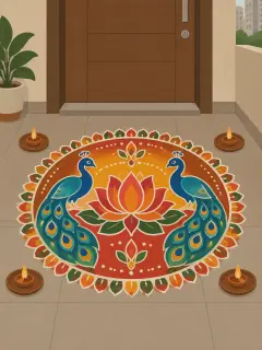 An illustration of a round coloured-powder rangoli about 3.5 ft across outside a flat's door: a lotus in the middle with a peacock on each side, colours shading from blue to turquoise and from red to yellow, fine white dots and a petal border, with four clay diyas round it