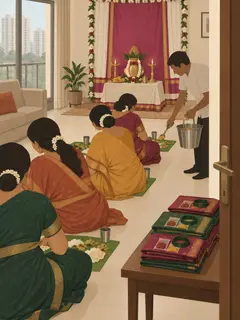 An illustration of women in silk sarees eating lunch on banana leaves on the floor of a flat, a caterer's server with a steel bucket, a kalasha in front of a magenta and white drape behind them, and stacks of thamboola packs with bangles on a table by the door