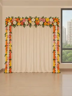 An illustration of a cream drape on a stand in a clubhouse hall, framed by a fuller panel of artificial flowers in orange, yellow, pink and white across the top and down both sides