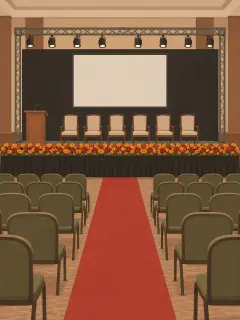 An illustration of a hotel ballroom stage for an annual day: a black backdrop with a blank screen, a truss with eight stage lights, a podium, six high-backed chairs, a runner of marigold and red roses along the stage edge and a red carpet between rows of chairs