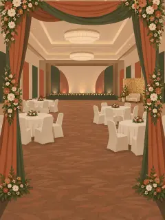 An illustration of a hotel ballroom seen through a fabric and flower entrance gate: round tables with white covers and flower centrepieces, a lit stage with a flower runner, a gold sequin wall with a sofa at one side and tall panels in two colours on the walls