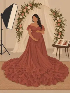An illustration of a maternity shoot in a studio: a pregnant woman in a rose-coloured gown with a long ruffled train spread across the floor, under an arch of flowers with cream drapes, a softbox light on a stand and a printed album open on a side table