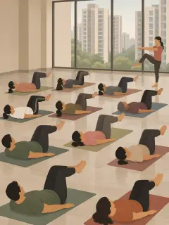 An illustration of an apartment clubhouse hall with tall windows onto apartment towers: about a dozen people on their own mats in rows, all doing the same floor exercise, and one teacher at the front showing the move. No machines