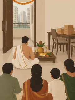 An illustration of a Bengaluru flat on a housewarming morning: a priest in a white dhoti, seen from behind, seated before a small pooja on a low plank with a brass kalash, a lamp and a plate of fruit, a few family members sitting behind him, one string of marigold over the front door and a stack of meal boxes on the dining table