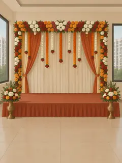 An illustration of a low stage in a clubhouse hall with a wide backdrop of fresh marigold, roses and chrysanthemum on drapes, garlands down both sides and flowers in brass urns at the front corners
