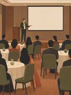 An illustration of a modest company evening in a hotel function room: a host in a suit with a microphone beside a lectern, a blank projection screen behind, and round tables of guests seen from behind