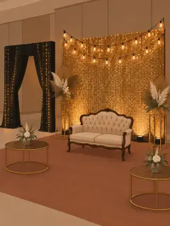 An illustration of a lounge photo zone in a hotel: a gold sequin wall under loops of warm bulb strings, uplights at its foot, a two-seater sofa, gold stands with dried palm and pampas, a black gate lit with fairy lights and two tables with small flower vases