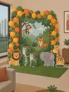 An illustration of a jungle print backdrop in a living-room corner, framed by a green, yellow and orange balloon garland, with flat lion, elephant and giraffe cutouts, two stands wrapped in leaf print and a patch of grass carpet