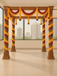An illustration of an empty 8 by 8 ft wooden mandap with four carved pillars in a clubhouse hall, with marigold and rose garlands wound round the pillars and hung from the top frame
