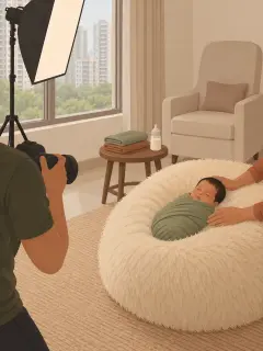 An illustration of a small studio in a Bengaluru flat: a newborn asleep in a sage wrap on a fur-covered beanbag, a second person's hands resting beside the baby, a photographer with a camera, a softbox light, spare wraps, a feeding bottle and a nursing chair