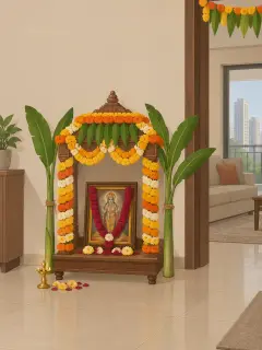 An illustration of a wooden mantapa in a flat's pooja corner, its pillars and top wrapped in fresh orange marigold and yellow and white chrysanthemum strings, a banana stem tied on each side, mango leaves along the top, a garlanded picture of the deity, a brass lamp and petals in front, and a marigold toran over a doorway beside it