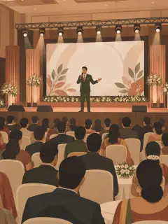 An illustration of a big reception stage in a Bengaluru banquet hall: one host in a suit with a microphone at the front, a large screen and a lighting truss behind, and a big seated crowd