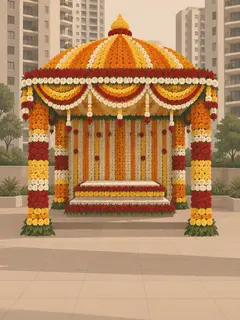 An illustration of a large mandap on the podium of an apartment complex, covered in marigold, chrysanthemum and roses, with four pillars, a domed canopy and an empty flower-decorated platform for the idol
