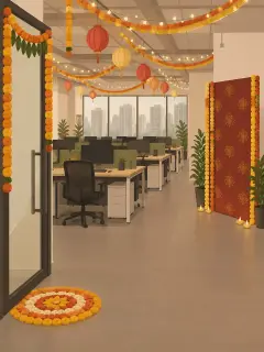 An illustration of an open-plan office floor for Diwali: marigold strings, paper lanterns and fairy lights over rows of desks, a toran and a flower rangoli at the door, and a red and gold panel framed in marigold with diyas at its foot