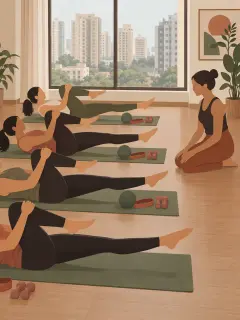 An illustration of a mat class in a small studio: a few women on mats doing the same floor exercise, a small ball, a band and light hand weights beside each mat, and a teacher kneeling at the front watching them. No machines