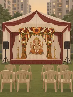 An illustration of a covered pandal on a society lawn: a wooden mandap under a canopy of fresh marigold, roses and chrysanthemum, a clay Ganesha on a draped platform, two tall brass lamps, speakers on stands and rows of plastic chairs, with apartment towers behind