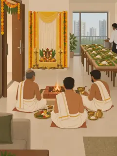 An illustration of a Bengaluru flat on a housewarming morning: three priests in white dhotis seated round a small brick fire pit, a pooja corner behind them framed in marigold strings over a yellow and white drape with two brass lamps, a marigold toran on the front door, and a long table laid with banana-leaf lunches and a caterer's server