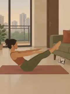 An illustration of a woman on a mat in the living room of a Bengaluru flat, holding a Pilates move while a phone propped against the sofa leg plays a class video. Nobody else in the room