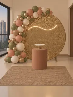 Illustration: a round ring covered in gold sequins with a warm neon line, a balloon arch in pastel and chrome up one side and over the top, a cake table with a stand, and a rug