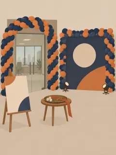 An illustration of a navy and orange balloon arch over an office's glass door, a navy and orange backdrop framed in balloons with a plain round shape where a logo would go, two small lights, a welcome board on an easel and a tray with scissors and a ribbon