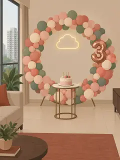 An illustration of a full balloon ring in pastel pink, peach, cream and sage on a round stand in a living room, with a cloud-shaped neon light and a rose-gold foil 3 inside it and a small cake table in front