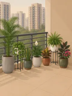 An illustration of a balcony with eight plants in seven fibreglass and stoneware planters, two of them raised on slim black metal stands, along the steel railing and the wall on the old floor tiles