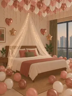 Illustration: a bedroom with rose-gold, blush and white balloons on the ceiling and the floor, a sheer net canopy with fairy lights over the bed, and heart and star foil balloons