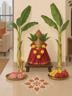 An illustration of a small brass kalasha on a low wooden plank in a flat, topped with mango leaves and a coconut, with a metal Lakshmi face, a red satin saree and one garland of red roses and yellow chrysanthemum, banana stems either side, lotus flowers and fruit on plates, a brass lamp and a rangoli
