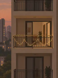 An illustration of the balcony of a flat in an apartment tower at dusk: two strings of tiny warm-white rice lights, one along the top rail and one zig-zagging down the grille, and a cord running in through the open door