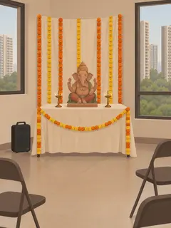 An illustration of a small clay Ganesha on a cloth-covered table in a society clubhouse hall, with strings of marigold and chrysanthemum on a plain drape behind, two small brass lamps and a portable speaker on the floor