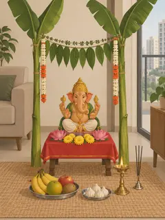 An illustration of a small Ganesha a family has set up themselves in a flat: a painted clay idol on a stool under a red cloth, two banana plants tied either side, a string of mango leaves across the top, jasmine and orange kanakambara strings, yellow chrysanthemums and pink lotuses, a plate of fruit, a plate of modaks, a brass lamp and agarbatti