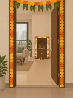 An illustration of a flat's front door framed in marigold strings with a toran of marigold and mango leaves, and through it a small wooden pooja unit framed in marigold and white chrysanthemum strings, with one brass lamp and a few petals in front