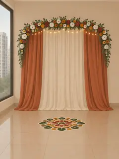 An illustration of a two-colour cloth drape under an arch of mixed real and artificial flowers with a short string of warm lights, and a small rangoli on the floor in front, in a clubhouse hall