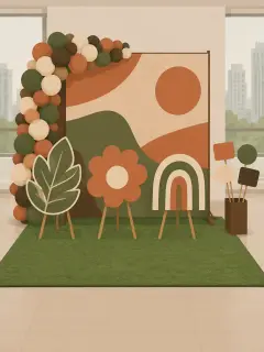 An illustration of a photo spot in an office cafeteria: an 8 by 8 ft backdrop printed in flat shapes, three large flat cutouts on easels, a square of artificial grass, placards on sticks in a stand and a balloon garland up one side