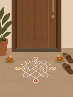 An illustration of a white dot-and-loop kolam about 2.5 ft across on the tiles outside a flat's wooden door in Bengaluru, with a little red and yellow powder in a few loops, two clay diyas on plates and a pair of slippers