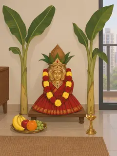 An illustration of a brass kalasha on a low wooden plank with a brass Lakshmi face, a stone-set crown and necklace, a pleated red satin saree and a garland of red roses and yellow chrysanthemum, banana stems either side, a plate of fruit and a brass lamp