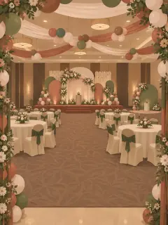 An illustration of a banquet hall done up for a first birthday, seen through a flower and balloon arch at the door: balloons and drapes across the ceiling, round tables with flower centrepieces and a big flowered stage at the far end