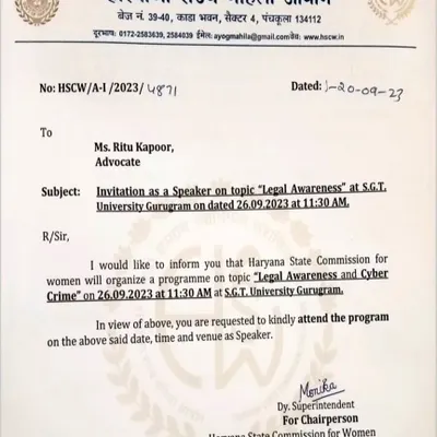An invitation from the Haryana State Commission for Women to speak on "Legal Awareness and Cyber Crime" at S.G.T. University.