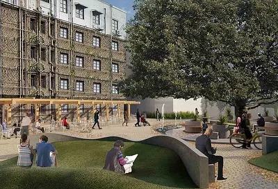 A rendering of our proposal for 'The Estate,' an urban regeneration project in Ballard Estate. Our vision is to transform neglected courtyards into vibrant public plazas with seating, water features, and performance spaces, giving these areas back to the city.