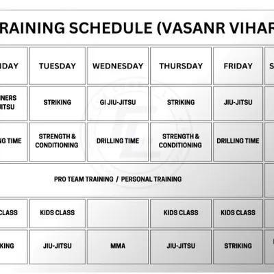 Our updated training schedule for the Vasant Vihar location. More classes, more mat space, more people to train with.
