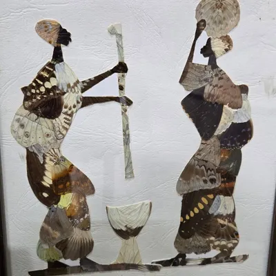 This unique artwork is crafted entirely from naturally sourced butterfly wings. The artist meticulously arranges the wings to create the silhouettes of two figures, blending natural beauty with cultural art in a truly imaginative way.