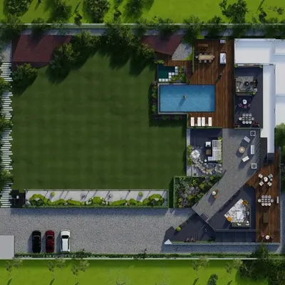 This is the master plan for the one-acre farmhouse project. Our comprehensive landscape design includes a large party lawn, an infinity-edge swimming pool, multiple decks and patios, a kitchen garden, and carefully planned parking and entryways.