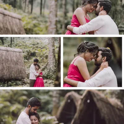 A collage of intimate moments from a pre-wedding shoot in the lush greenery of 90kandi, capturing the couple's quiet connection.