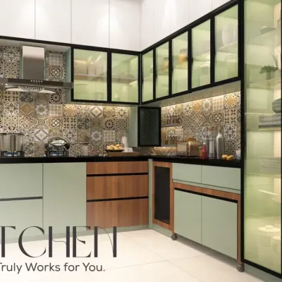This kitchen is designed to truly work for you. We combined pastel matte shutters with a vibrant Moroccan tile backsplash and glass-front cabinets to create a space that is both highly functional and full of personality.